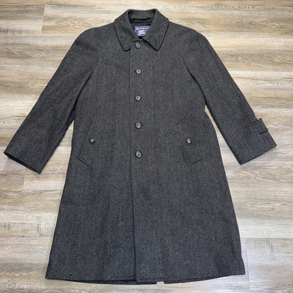 VTG 90s Burberrys 100% Wool Herringbone Overcoat Charcoal White Tweed Mens 48R